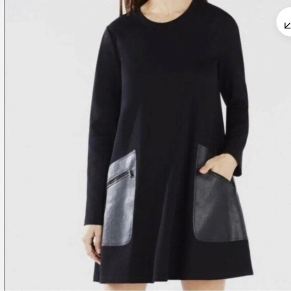 BCBGMaxAzria Long Sleeve Faux Leather Pocket Farah Shift Dress womens XS - Picture 3 of 9